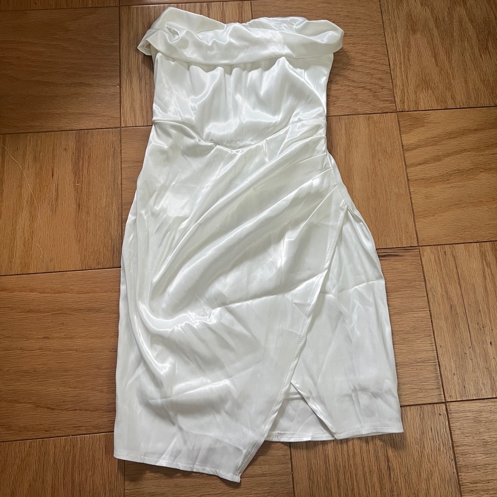 White strapless cowl neck mini dress parthea